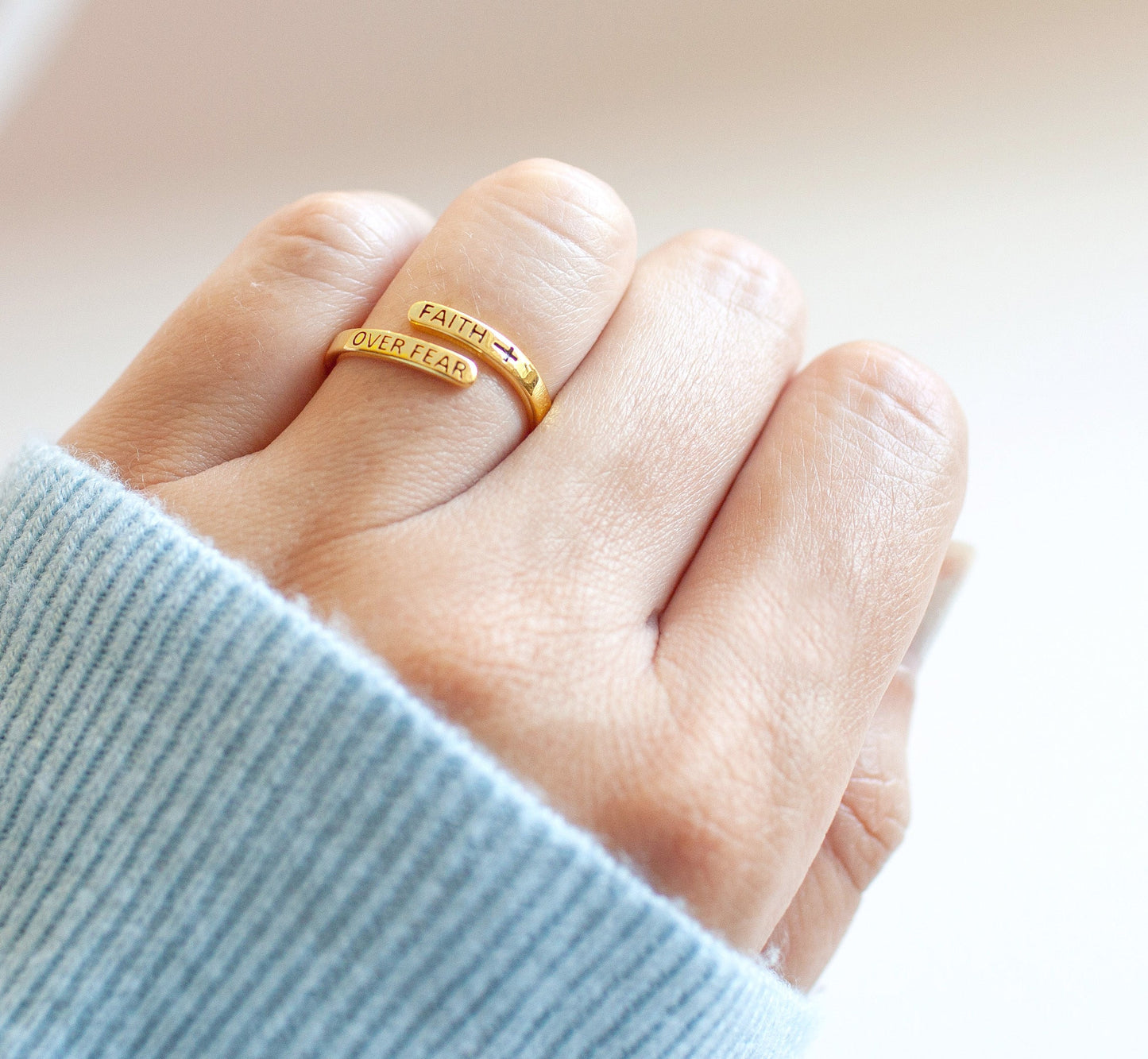"FAITH OVER FEAR" 18k Gold Plated Sterling Silver Cross Ring