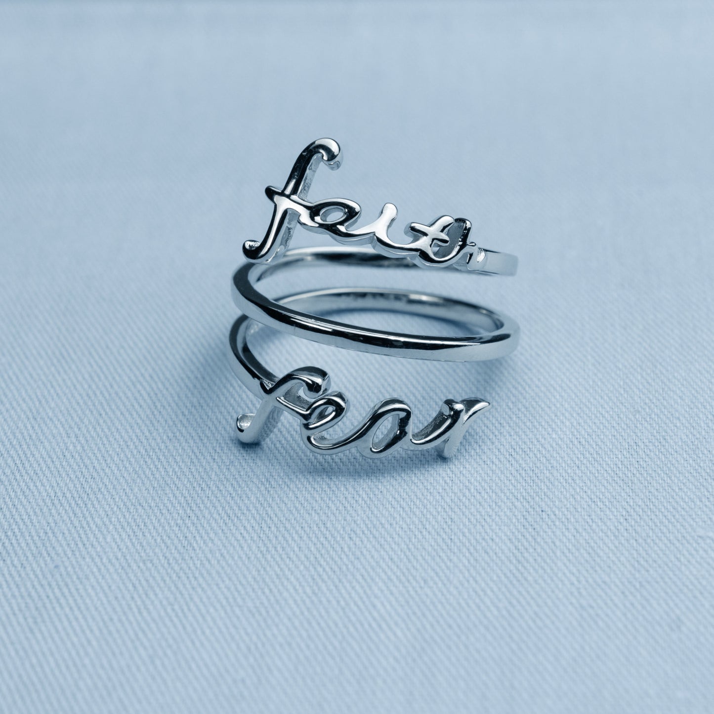 "Faith / Fear" Triple-Wrap Script Sterling Silver Cross Adjustable Ring