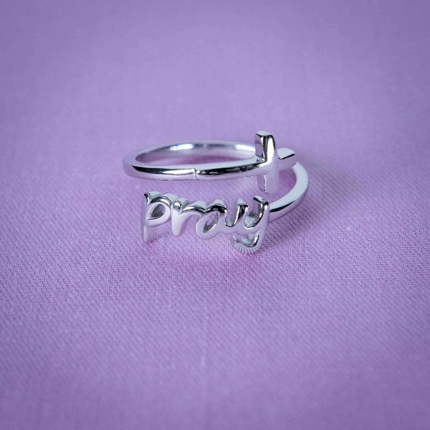 "PRAY" Script Sterling Silver Cross Adjustable Ring