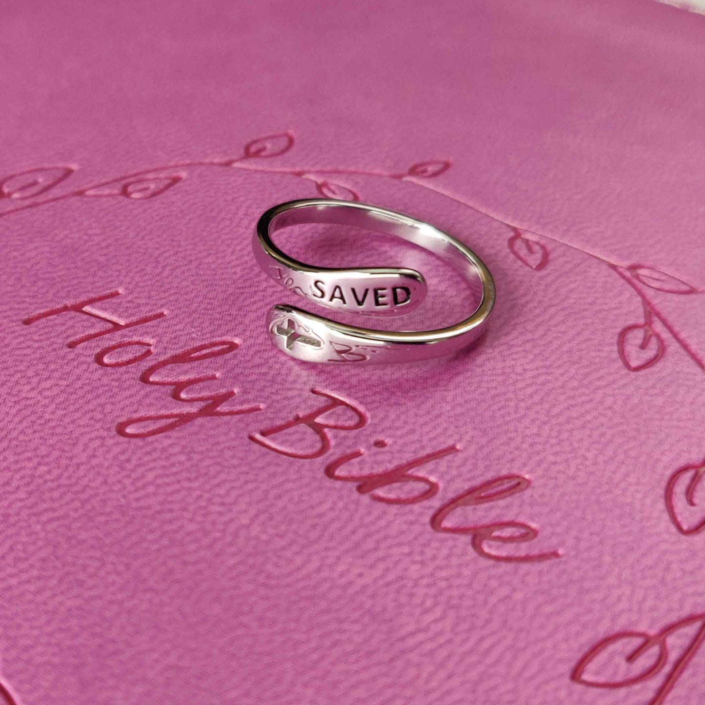 "Saved" Bubble Design Sterling Silver Cross Ring
