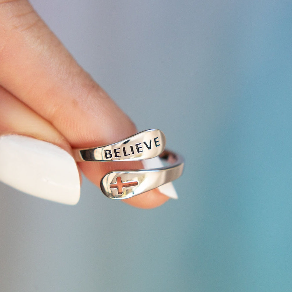 "BELIEVE" Sterling Silver Cross Ring