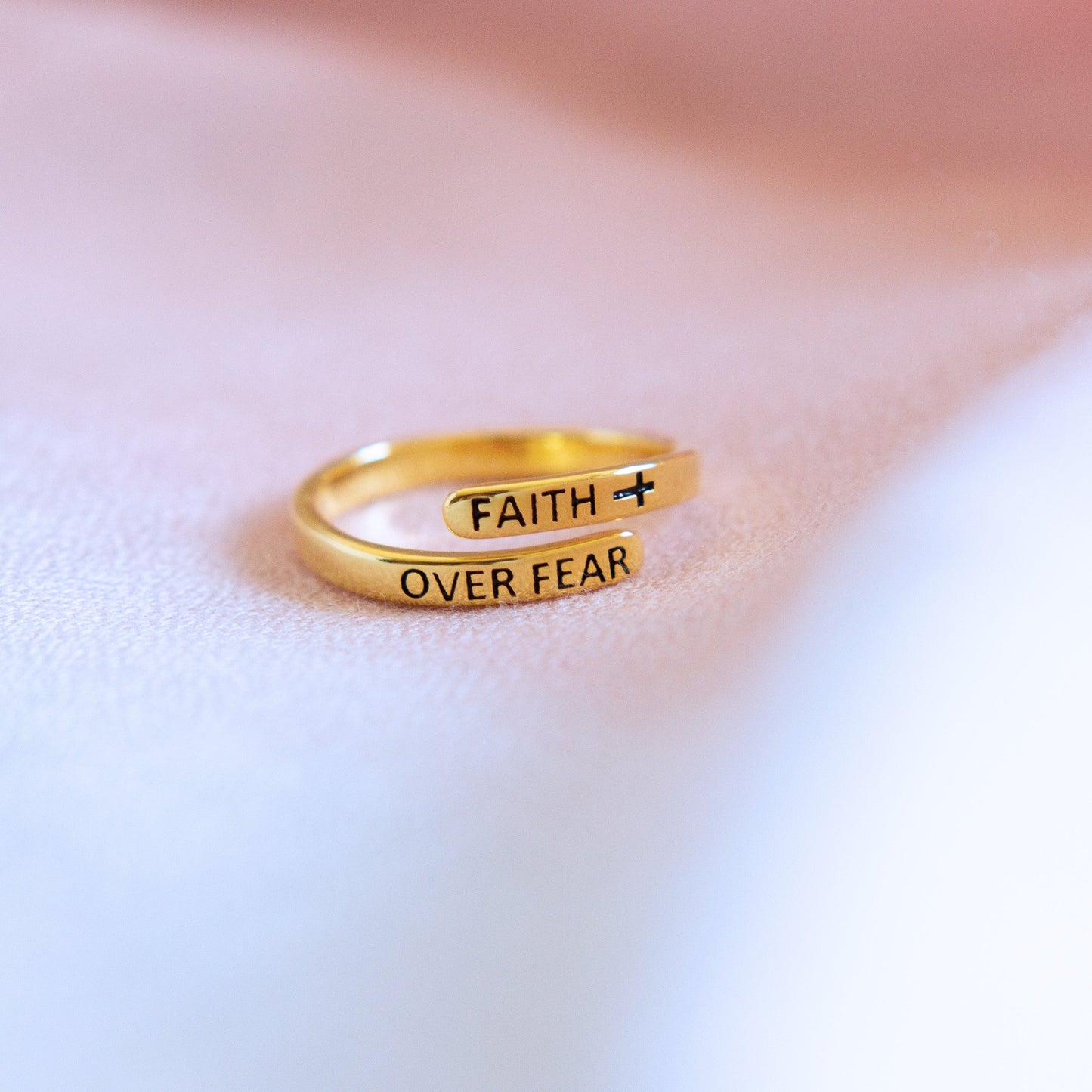 "FAITH OVER FEAR" 18k Gold Plated Sterling Silver Cross Ring