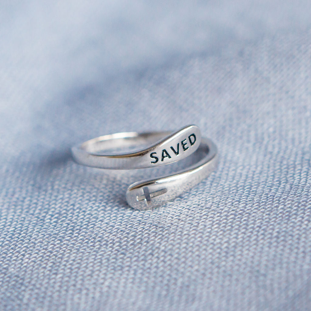 "Saved" Bubble Design Sterling Silver Cross Ring