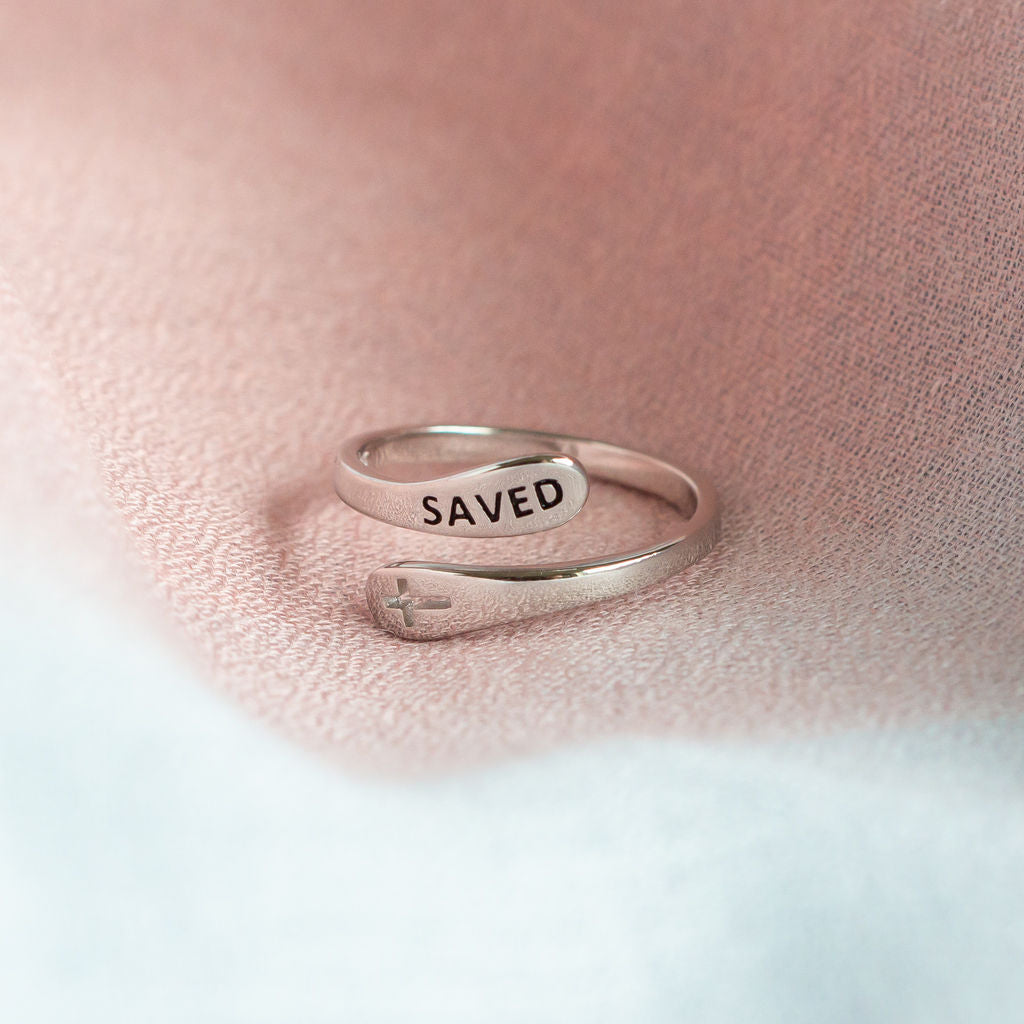"Saved" Bubble Design Sterling Silver Cross Ring