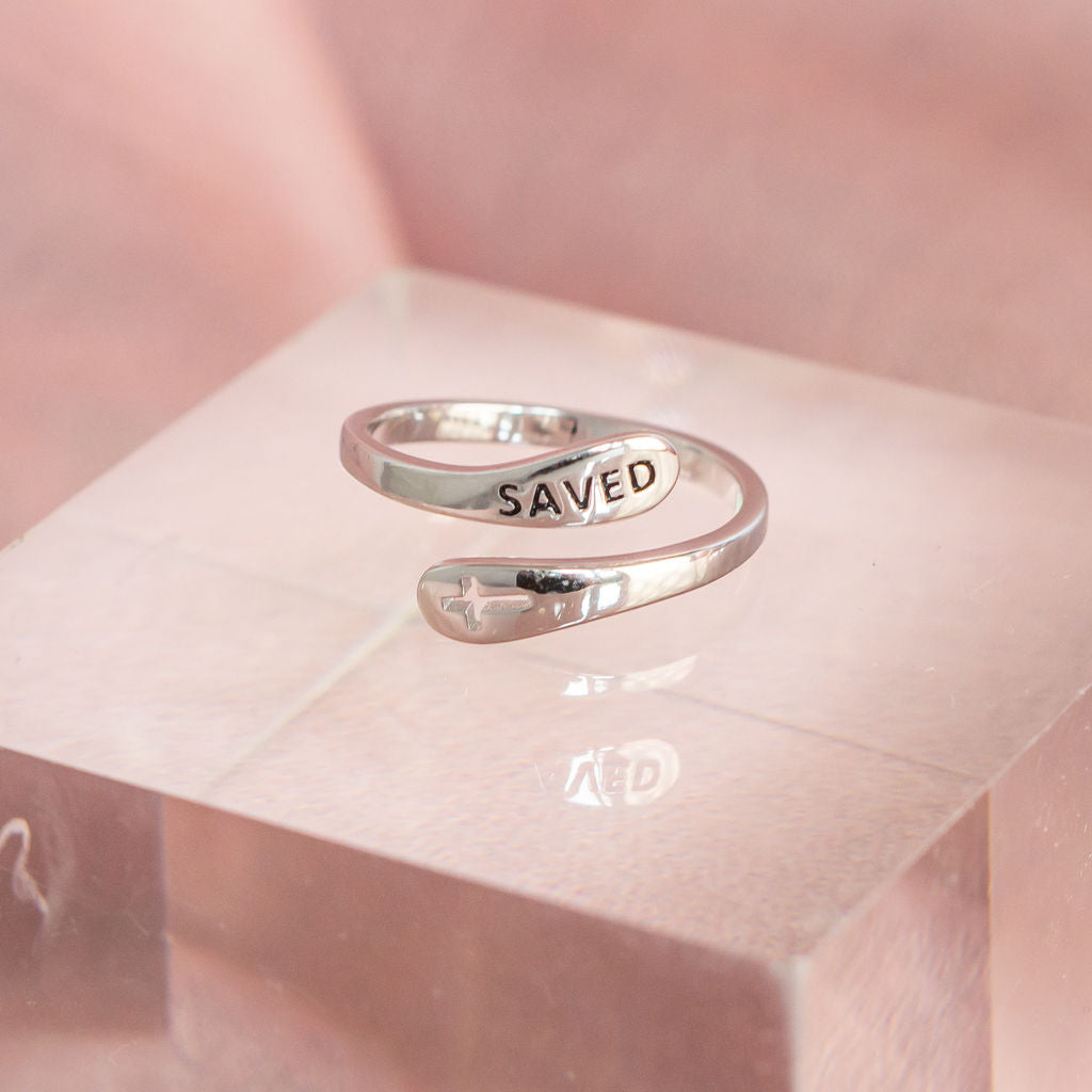 "Saved" Bubble Design Sterling Silver Cross Ring