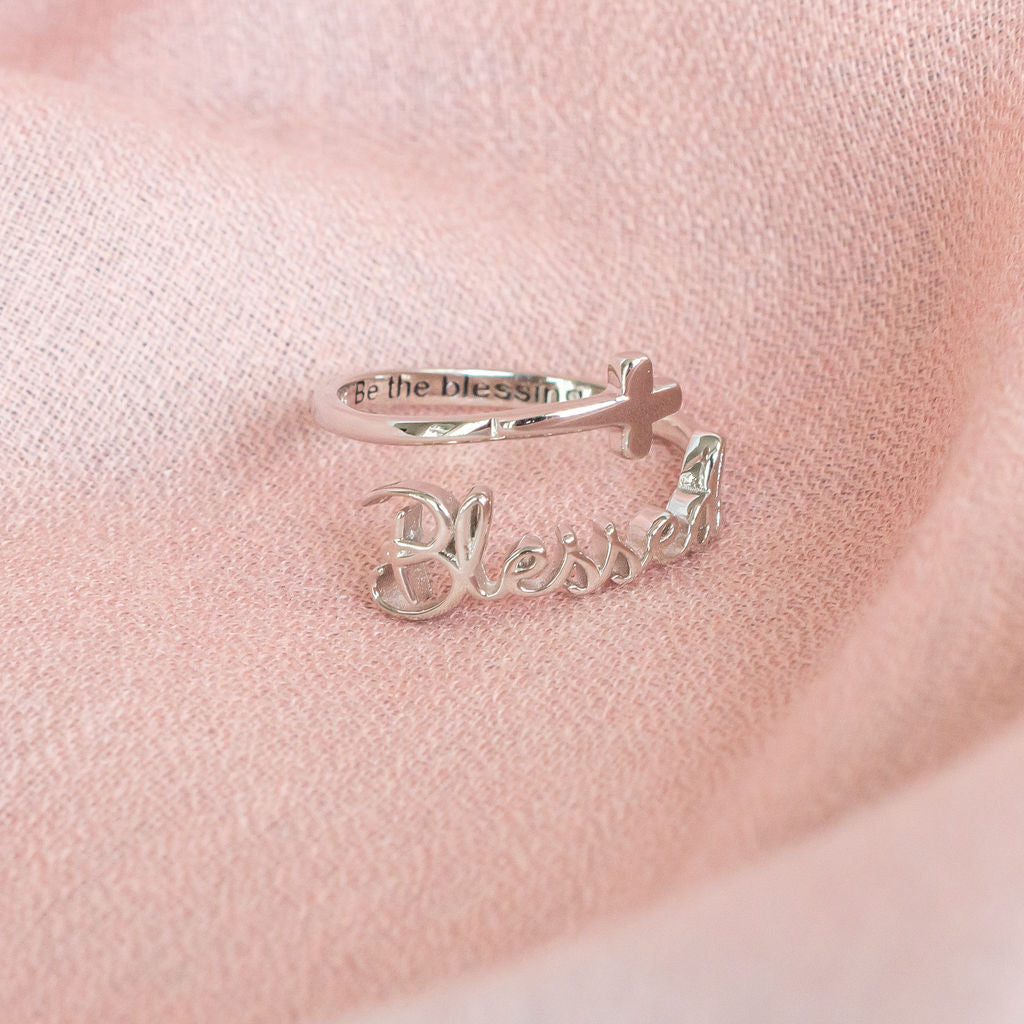 "Blessed" Script Sterling Silver Cross Adjustable Ring