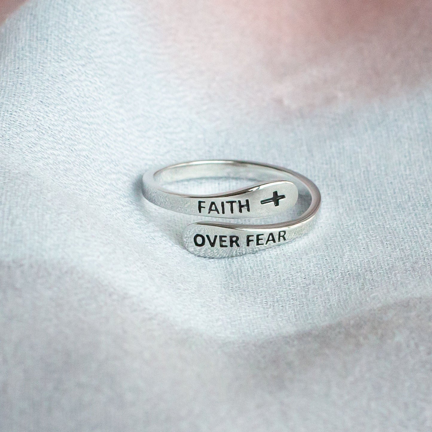 "Faith Over Fear" Bubble Design Sterling Silver Cross Ring