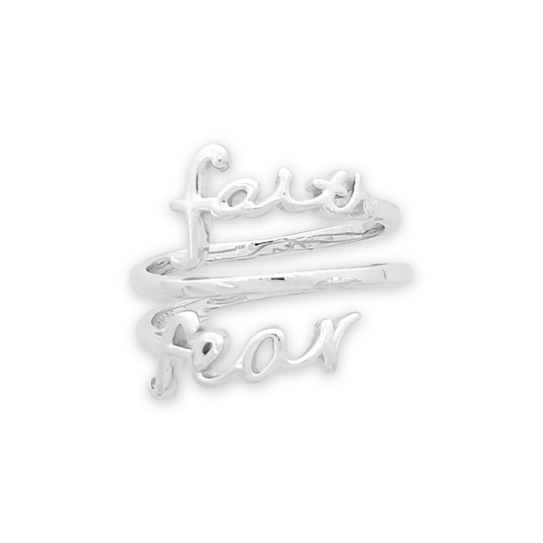 "Faith / Fear" Triple-Wrap Script Sterling Silver Cross Adjustable Ring