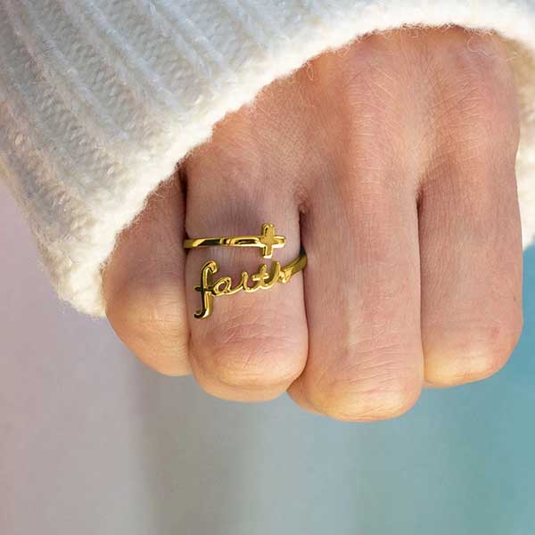 "FAITH" Script 18k Gold Plated Sterling Silver Cross Ring