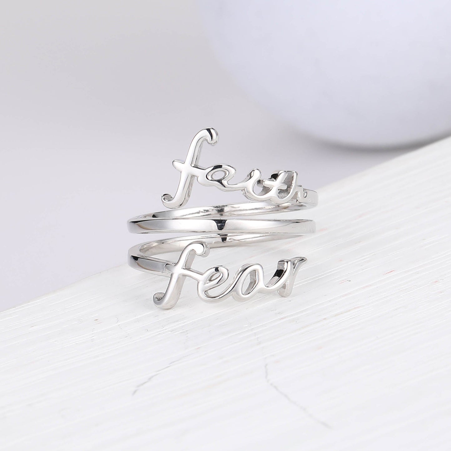 "Faith / Fear" Triple-Wrap Script Sterling Silver Cross Adjustable Ring