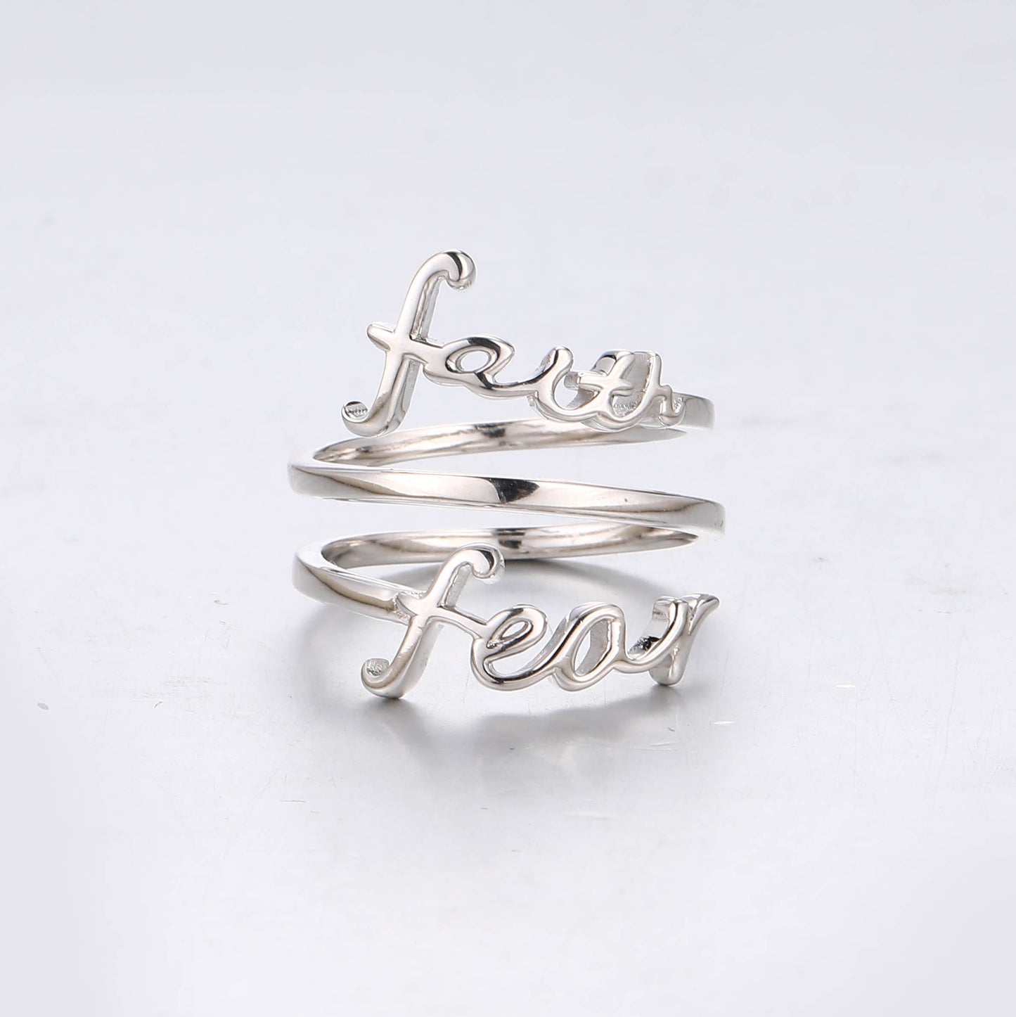 "Faith / Fear" Triple-Wrap Script Sterling Silver Cross Adjustable Ring